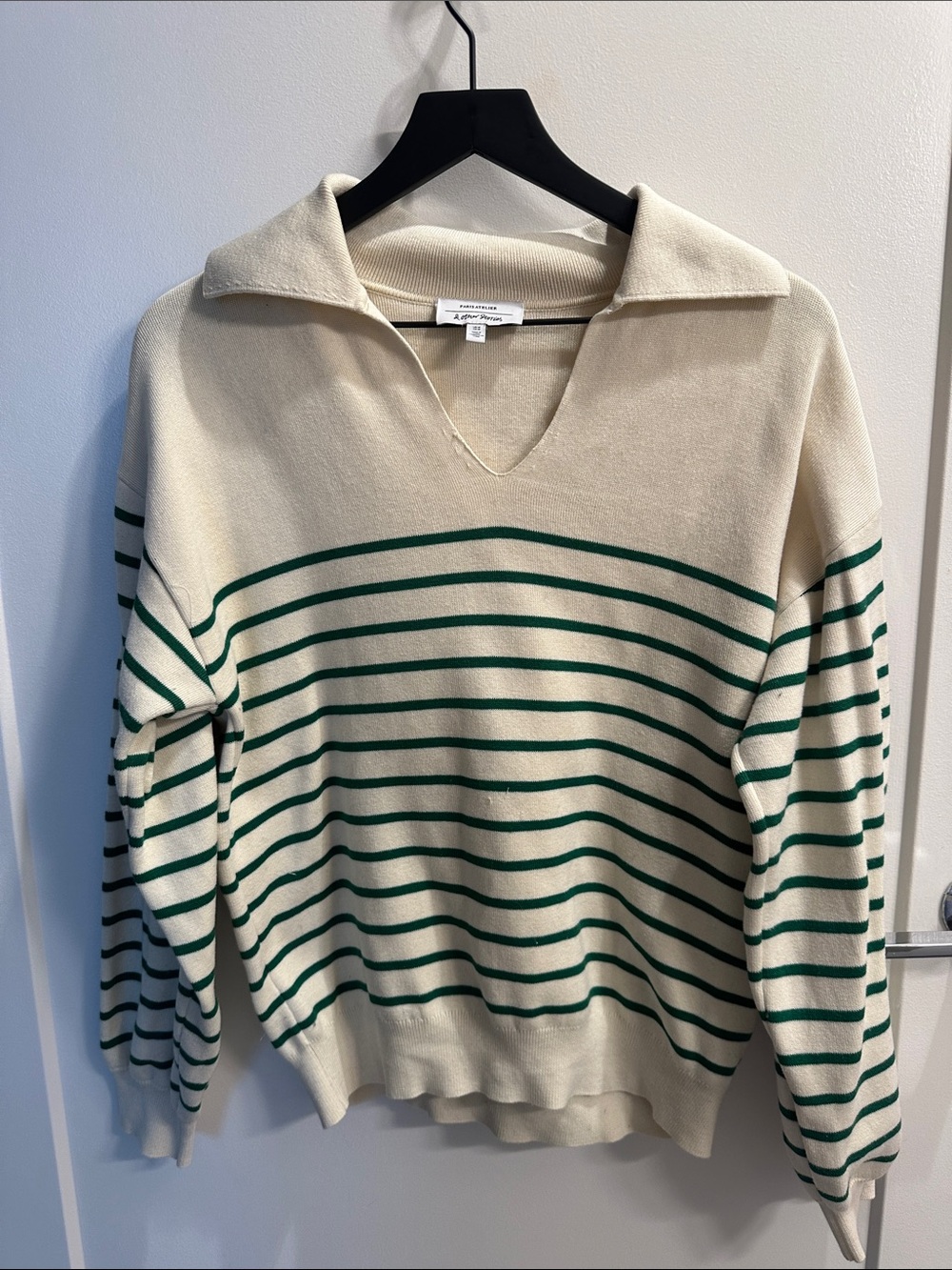 Cream V-Neck Collared Sweater with Green Stripes